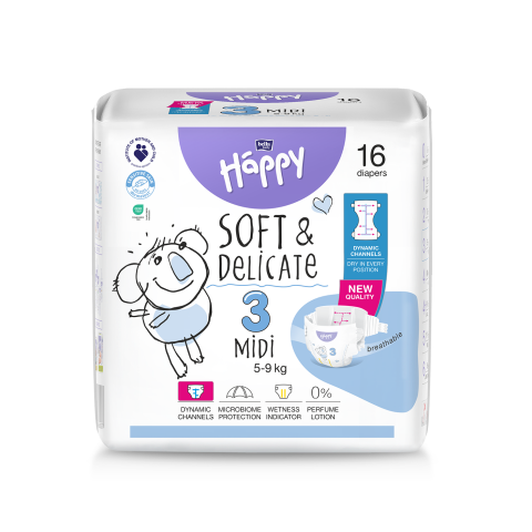 Bella Baby Happy dětské plenky s kanálky Soft & Delicate vel. 3 (5-9 kg), 16 ks