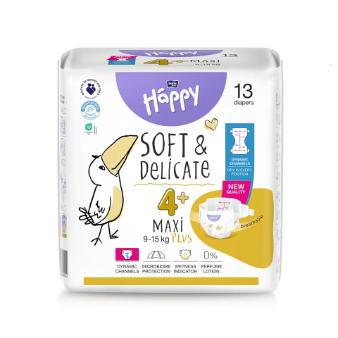Bella Baby Happy dětské plenky s kanálky Soft & Delicate vel. 4+ (9-15 kg), 13 ks