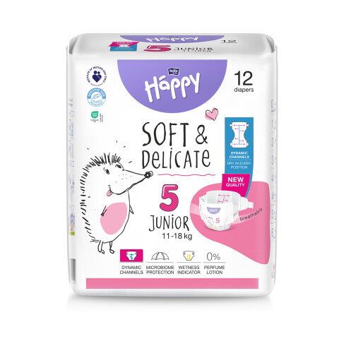 Bella Baby Happy dětské plenky s kanálky Soft & Delicate vel. 5 (11-18 kg), 12 ks