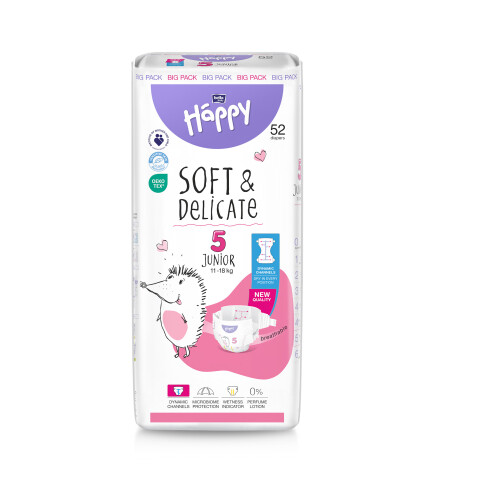 Bella Baby Happy dětské plenky s kanálky Soft & Delicate vel. 5 (11-18 kg), 52 ks
