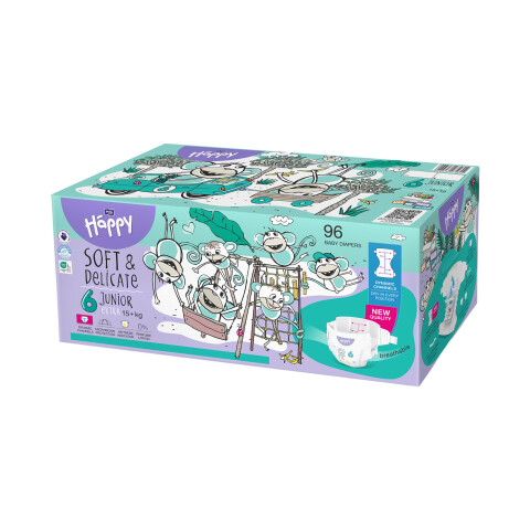 Bella Baby Happy dětské plenky s kanálky Soft & Delicate vel. 6 (15+ kg), Box 2 x 48 ks