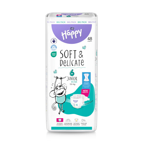Bella Baby Happy dětské plenky s kanálky Soft & Delicate vel. 6 (15+ kg), 48 ks