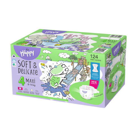 Bella Baby Happy dětské plenky s kanálky Soft & Delicate vel. 4 (8-14 kg), Box 2 x 62 ks