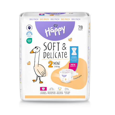 Bella Baby Happy dětské plenky s kanálky Soft & Delicate vel. 2 (3-6 kg), 78 ks