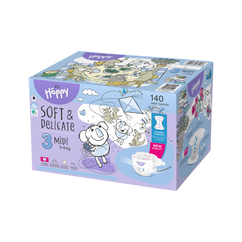 Bella Baby Happy dětské plenky s kanálky Soft & Delicate vel. 3 (5-9 kg), Box 2 x 70 ks