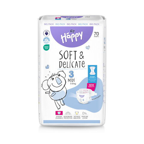 Bella Baby Happy dětské plenky s kanálky Soft & Delicate vel. 3 (5-9 kg), 70 ks