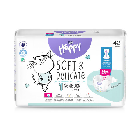 Bella Baby Happy dětské plenky s kanálky Soft & Delicate vel. 1 (2-5 kg), 42 ks