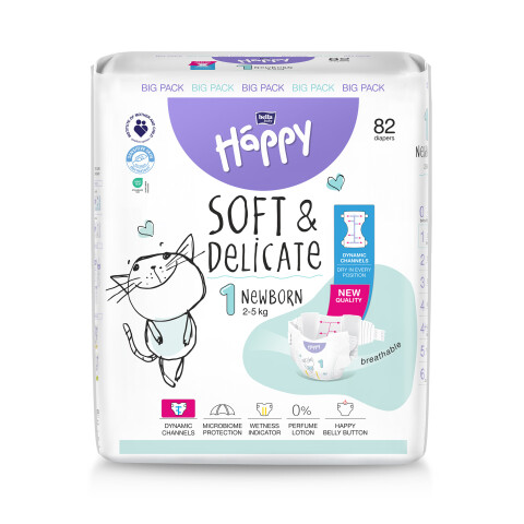 Bella Baby Happy dětské plenky s kanálky Soft & Delicate vel. 1 (2-5 kg), 82 ks