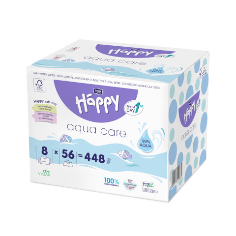 Bella Baby Happy dětské vlhčené ubrousky Aqua care multipack, 8 x 56 ks
