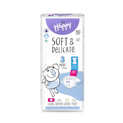 Bella Baby Happy dětské plenky s kanálky Soft & Delicate vel. 3 (5-9 kg), 50 ks