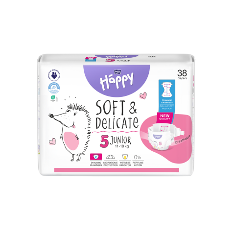 Bella Baby Happy dětské plenky s kanálky Soft & Delicate vel. 5 (11-18 kg), 38 ks