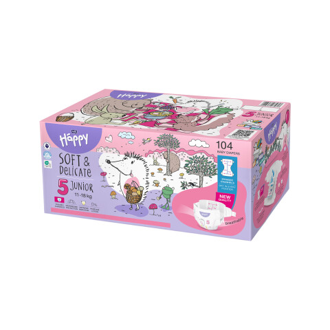 Bella Baby Happy dětské plenky s kanálky Soft & Delicate vel. 5 (11-18 kg), Box 2 x 52 ks