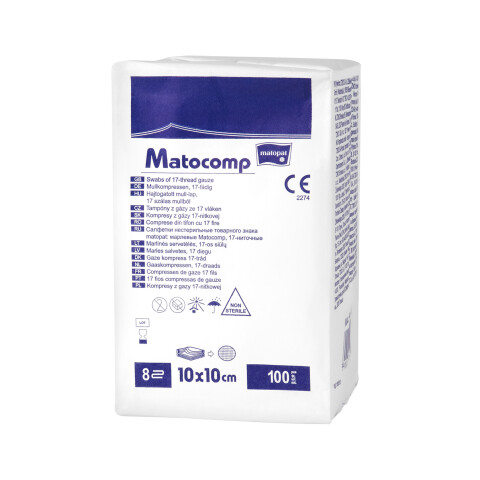Matopat Matocomp 17nitkové 8vrstvé gázové kompresy 10 x 10 cm nesterilní, 100 ks