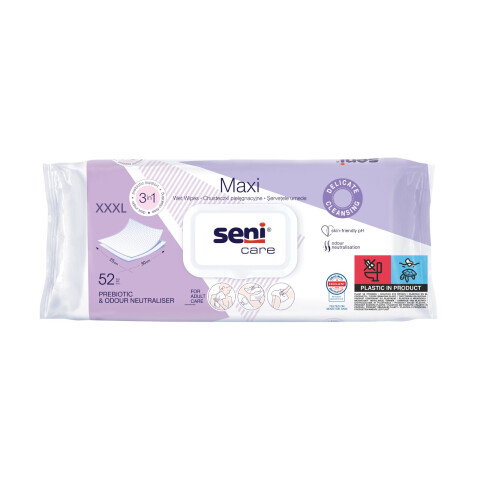 Seni Care Maxi vlhčené ubrousky 3 v 1 XXXL rozměr, 52 ks